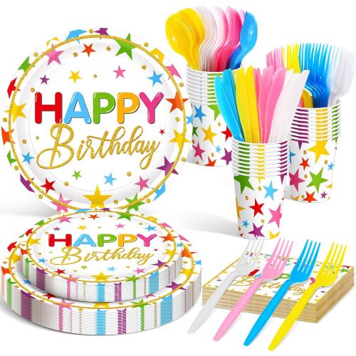 Meanplan Serves 24 Guests Happy Birthday Plates and Napkins Rainbow Star Birthday Tableware Set Rainbow Happy Party Decorations for Kids Included Cups Knives Forks Spoons Total 168 Pcs