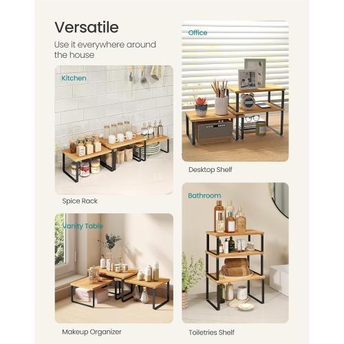 SONGMICS Cabinet Organizer Shelf, Set of 3 Kitchen Counter Shelves, Kitchen Storage, Spice Rack, Stackable, Expandable, Ink Black and Natural Beige UKCS014YL03