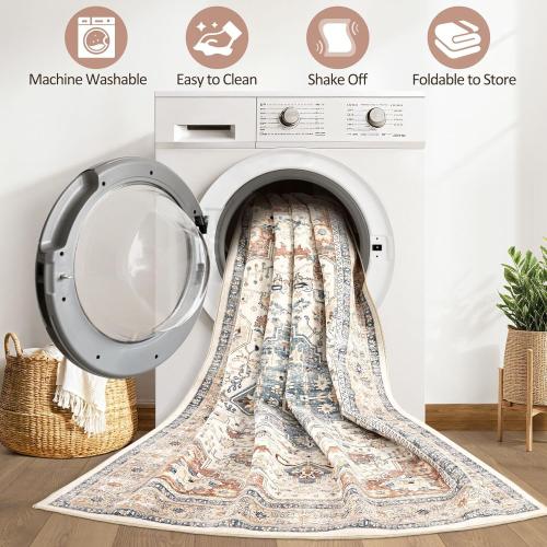 9x12 Area Rug Living Room: Washable Boho Large Neutral Vintage Soft Rugs Stain Resistant Distressed Farmhouse Non-Slip Indoor Floor Carpet for Bedroom Nursery Kids Office Dining Room- Beige Blue