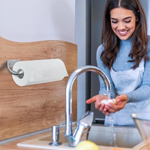 Kamenstein Perfect Tear Wall Mount Paper Towel Holder, Patented Design for One-Handed Use, Rounded Finial, 14-Inch, Brushed Silver Metal Finish