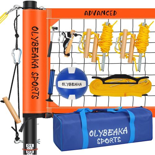 Blue Bag with Orange Professional Volleyball Net Set: Pro-Level, All-in-One for Outdoor Fun with 2 Adjustable Height Aluminum Poles, Upgraded Anti-sag Net, PU Volleyball, Boundary Line, Large Carry Bag