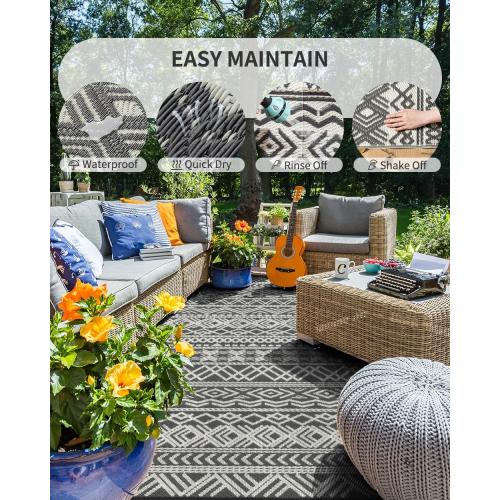 MontVoo Outdoor Rug Carpet Waterproof 5x8 Outdoor Patio Rug Mat Reverisble Plastic Straw Outdoor Rug for RV Camping Picnic Beach Balcony Boho Grey