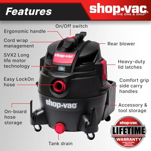 Shop-Vac 5801611 Wet Dry Vac with SVX2 Motor Technology, 16 Gallon, 2-1/2 Inch x 8 Foot Lock-On Hose, 150 CFM, (1-Pack) , Black (no test)