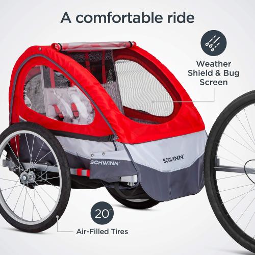 Schwinn Trailblazer Double Child Bike Trailer, Max of 2 Children with Total Weight of 80 lbs., Canopy, 20-Inch Air-Filled Tires, Red
