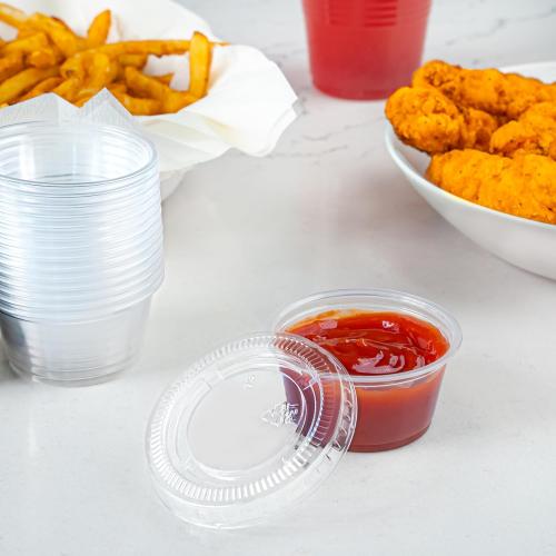 Amazon Basics Disposable Plastic To-Go Cups and Lids, Mini, 2oz, 50 Count, BPA Free, for Condiment, Salad Dressing, Sauces, Jello Shots