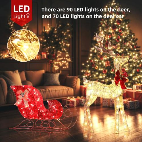 Light up Christmas Decor Deer Set, Lighted Christmas Deer Decorations & Sleigh 2 Pcs for Indoor Home Outdoor Front Yard Porch with 160 LED Lights, Ground Stakes,Cable, Gold &red Sleigh