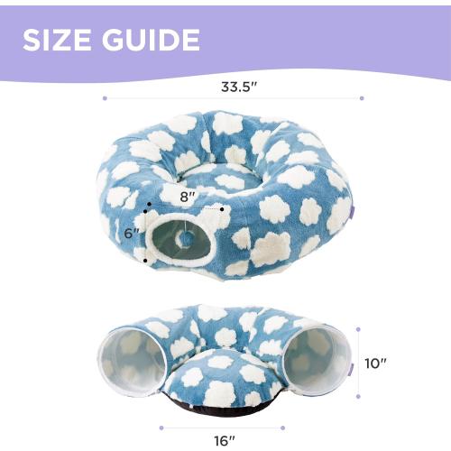 Lesure Cat Tunnel Bed for Indoor Cats - Cute Cat Donut Tunnel Toys for Small Large Cats with Washable Circle Cushion, Round Pet Peekaboo Cave Toy for Kitten/Puppy/Rabbit, Standard Cozy Clouds Blue