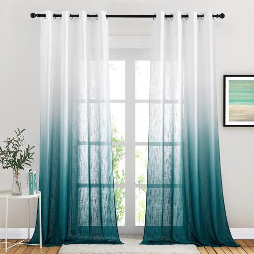 NICETOWN Ombre Linen Sheer Curtains Extra Long for Kids Room, Grommet Privacy Semi Sheer Linen Window Drapes Sweep to Floor Decorative for Villa/Living Room, Teal, 2 Panels, W50 x L95