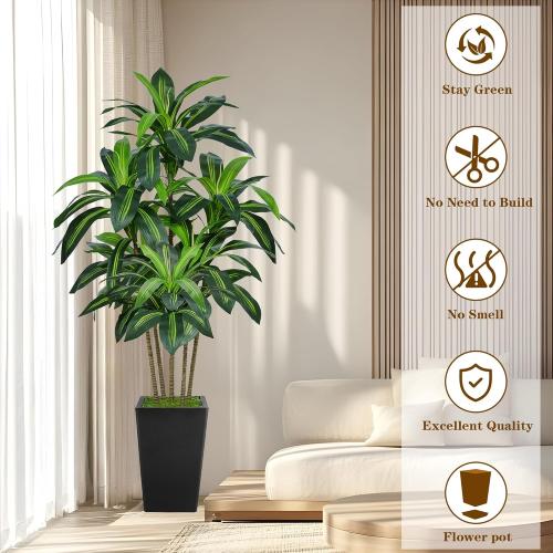 6FT Artificial Dracaena Tree, Fake Tree Indoor with Black Tall Planter,Tall Artificial Plants Indoor,Artificial Silk Tree for Home Office Decor,Housewarming Gift (Black)