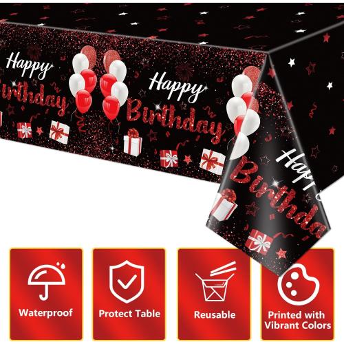 2 Pack Black Red Happy Birthday Tablecloths, 51x87'' Plastic Disposable Rectangle Birthday Party Table Covers for Women Girls Birthday Party Decorations Supplies
