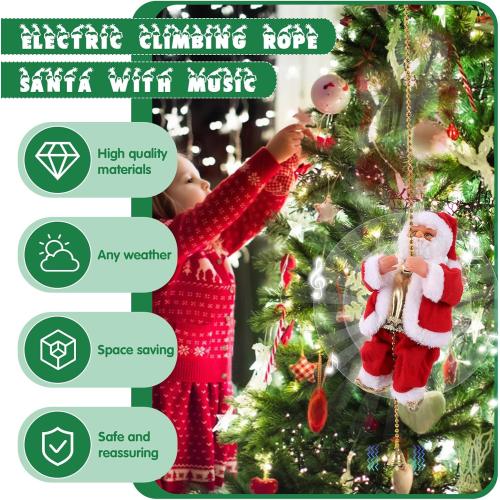 Upgraded Electric Climbing Rope Santa Claus 3 Gears Animated Climbing Christmas Santa Toy Novelty Plush Santa Climbing Rope Musical Ornament for Decoration Gift