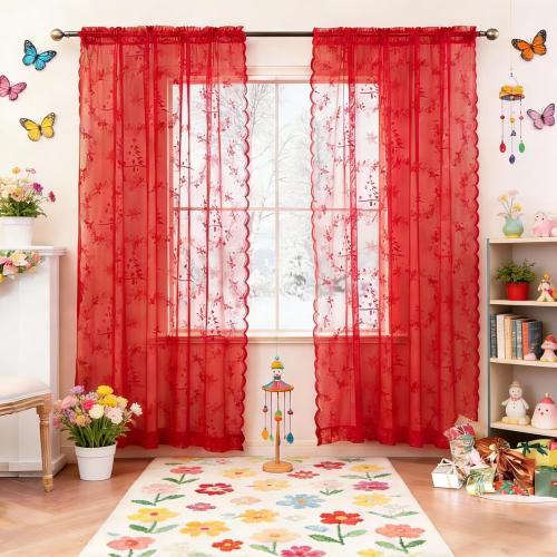 Christmas Lace Curtains 84 Inches Long for Living Room Red