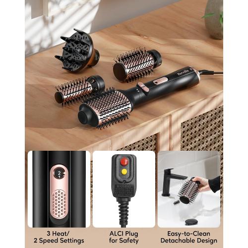 Pink and Black Terviiix 4-in-1 Hot Air Rotating Blow Dryer Brush Kit – 1000W with Rotatable Round Brushes (2 Sizes), Oval Volumizer, and Diffuser – Ideal for Curly Hair, with Arthritis-Friendly Big Buttons, Black