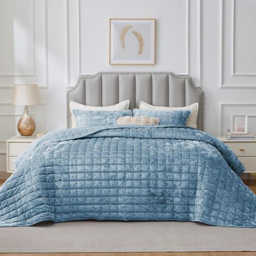 Velvet Quilt Set King Size - Luxury Velvet Comforter Bedding Set 3 Pieces, Lightweight Soft Cozy Shiny Dusty Blue Oversized Bedspread Coverlet for All Seasons with 2 Pillow Shams