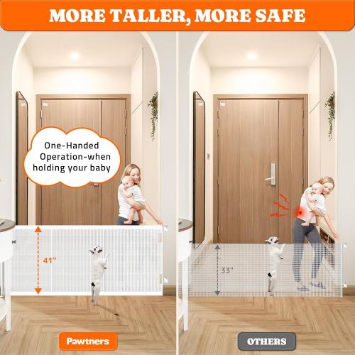 Pawtners Retractable Baby Gates Extra Wide, 41 Tall Extends up to 71 Wide, Dog Gate Indoor with for Stairs, Pet Gate with Support Rods for Doorways Hallways Indoor & Outdoor-White