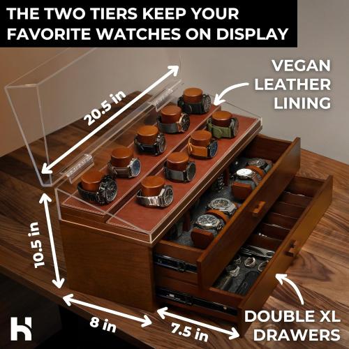 Holme & Hadfield Premium 17-Slot Wooden Watch Display Case – Extra Large Handcrafted Men’s Watch Box with Two Drawers – Birthday Gift for Crazy Collectors – Luxury Built to Last