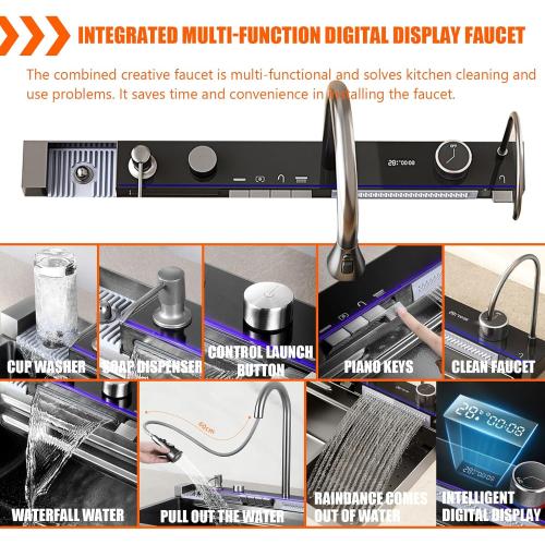 Stainless Steel Flying rain Waterfall Gray-black Drop in Kitchen Sink Workstation Kitchen Sink with Multifunctional Faucet