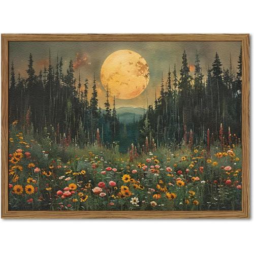 Vintage Forest Moon Wall Art, Nature Pine Tree Woodland Wall Decor Paintings, Dark Cottagecore Landscape 3D Textured Hand Drawn Sandstone Artwork for Bedroom Living Room 16x24 inch Wood Framed