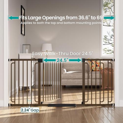 Cumbor Extra Wide Baby Gate, 36.6-69 Walk-Through Dog Gate for Stairs, Doorways & Hallways, 30.5“ Tall, Auto-Close & Dual-Swing Safety Child Gate Indoor, Easy Install Pressure-Mounted Pet Gate, Brown