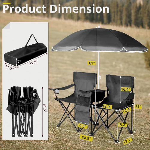 Portable Outdoor 2-Seat Folding Chair Plus Movable Sun Umbrella Black