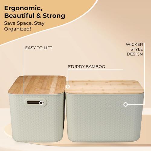 Set of 4 Color Cream Storage Bins with Bamboo Lid – Stackable, Multi-Purpose Organizers for Pantry, Closet, Kitchen, and Home – Elegant Wicker-Style Design with Ergonomic Handles (Cream)