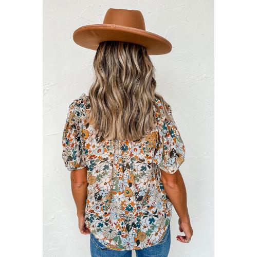 Size XL ..Women's Casual Chiffon Crew Neck Floral Print Ruffle Bubble Sleeve Blouse Fashion Loose Soft Summer Shirt Pullover Top