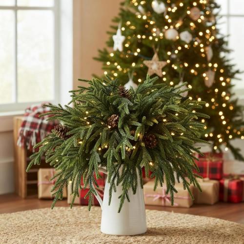 12 Pcs Christmas Lighted Norfolk Pine Stems 18 Inch with Lights & Pine Cones, Prelit Pine Branches, Picks for Vase, Fireplace Mantel Decor, Holiday Centerpieces & Indoor Decorations, Filler