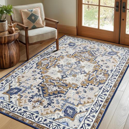 Rugflix 3x5 Area Rug for Living Room, Machine Washable Area Rugs with Non-Slip Backing, Large Soft Boho Vintage Rug for Bedroom, Dining Room, Low Pile Carpet, Kids Pet Friendly, Brown Beige