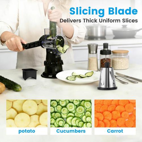 Rotary Cheese Grater Hand Crank, Vegetable Slicer with 5 Blades, Stable Suction, Labor-Saving Handle, Cheese Shredder for Potato Vegetables Nuts Chocolate, Black