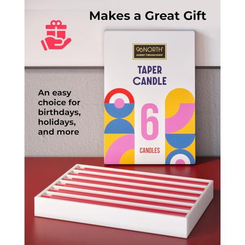 96NORTH 10.6 inch Taper Candles Set of 6, 7/8 inch Base Diameter, Unscented Taper Candles, Up to 18 Hours Burning Time Candlesticks, Dripless Taper Candles, Perfect as Dinner, Household Candles — Red