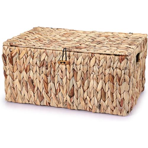 Hipiwe Wicker Storage Bins with Lid, X-Large Handwoven Water Hyacinth Wicker Baskets Rectangular Decorative Shelf Baskets Bin Built-in Handles Household Basket Boxes for Shelf Home Organizing