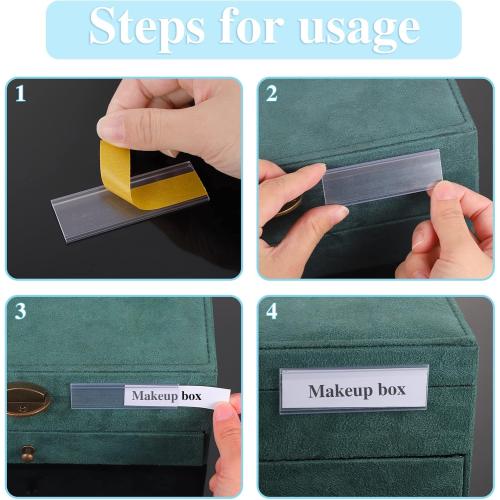 60 Pcs Shelf Labels - 3 x 1 Inch Drawer Labels with 60 Pcs White Paper Tags, Plastic Holders, Clear Adhesive for Storage, Bookshelf, Mailbox