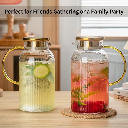 2 PACK Size 68oz Glass Pitcher with Lid, 68 oz/ 2 Liter Classic Vertical Stripes Water Pitcher with Yellow Handle,Glass Water Carafe for Cold Brew, Coffee, Lemonade, Iced Sun Tea,Beverage,Heat Resistant