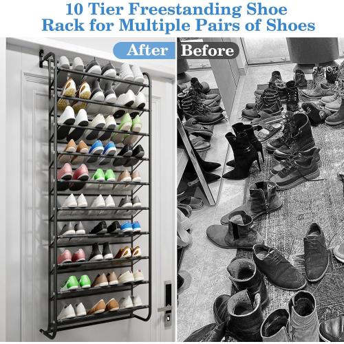 Black AQQHSAIN 10 Tier Over The Door Shoe Organizer Wall Shoe Shelf Shoe Holder Door Shoe Rack for Closet Pantry Hanging Shoes Clothes Toys Storage Shelves (Black)