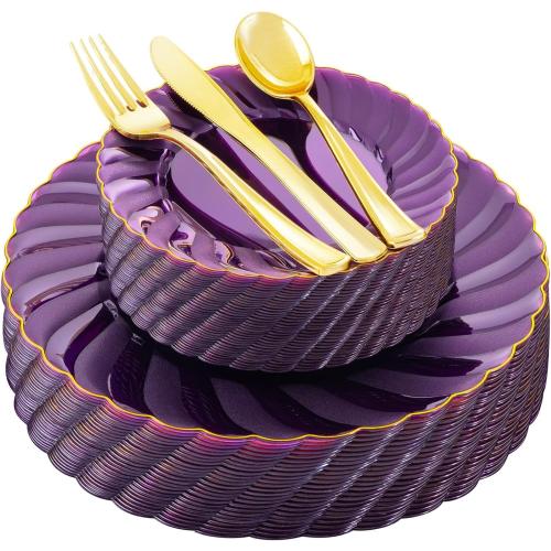 YOUBET 125PCS Purple Plastic Dinnerware Set - Gold and Clear Purple Disposable Plates Include 50 Plastic Plates 75 Silverwares for Wedding Birthday Parties & Party