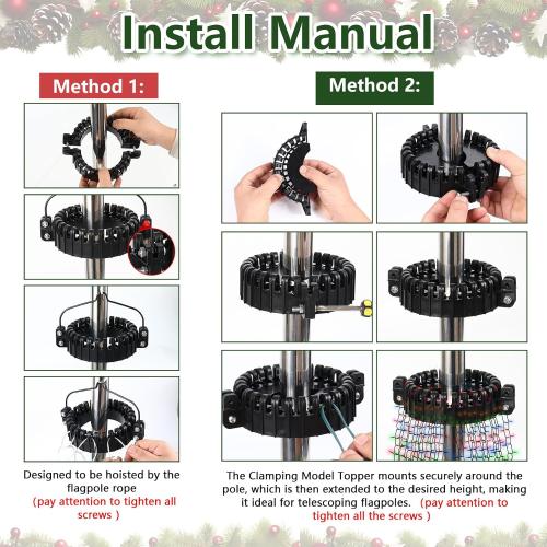 Christmas Tree Flag Pole Mega Topper Light Hook, 2-in-1 Flagpole Lights Hook Christmas Tree Light Kit for Hanging Strings & Xmas Patio Yard Party Decoration with Rope Hook