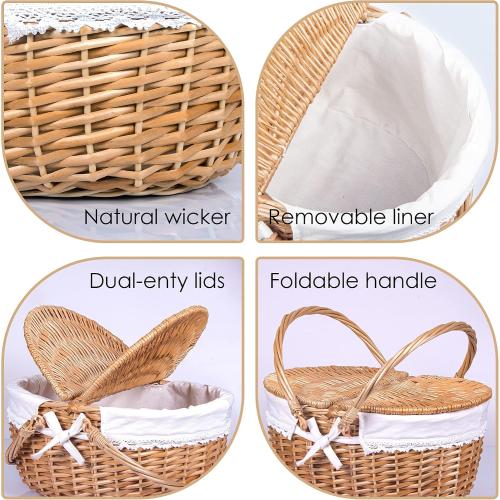 Wicker Picnic Basket with Lid and Handle 15 Sturdy Woven Body with Washable Lining for Easter,Mother's Day,Outdoor Camping,Not Dyed