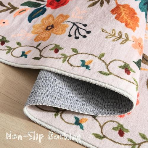 Floral Kitchen Runner Rug, 24 x 72 inches, Low Pile Cotton Blend, Water Resistant, Beige