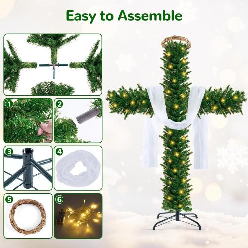 76 Inch Cross Christmas Tree with 2 Lights Strings and Garland Jesus Christ Catholic Cross Decor Decoration Foldable Xmas Tree for Indoor Outdoor Holiday, Yard, and Church Nativity Scene Decor