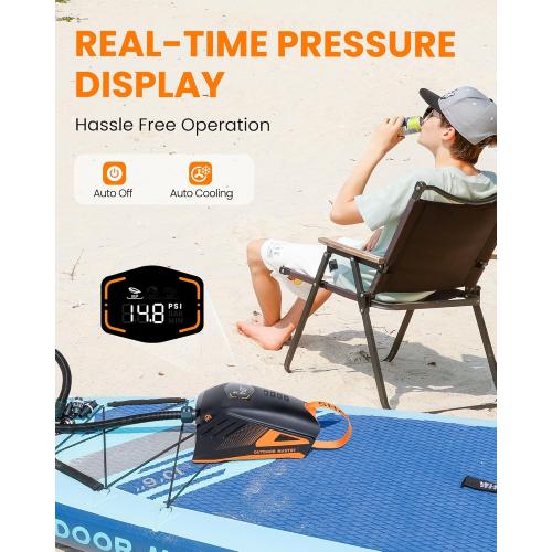 OutdoorMaster Shark 3 Paddle Board Pump Electric 74Wh- 3'50 Fast Inflation | 74Wh Rechargeable SUP Air Pump, One Charge for 4 SUPs,12V/15.8V DC Input, Digital Display, 20PSI, Auto-Off, 8 Nozzles