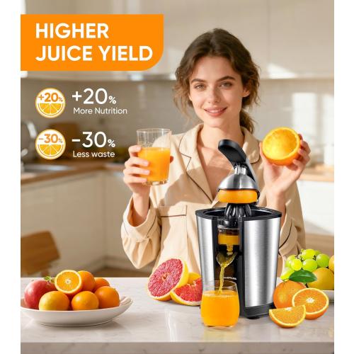 Electric Orange Juicer, Citrus Juicer Squeezer with 2 Cones and Soft Grip Handle for Effortless Juicing, Stainless Steel Quiet Orange Juice Extractor Machines for Lime Grapefruit Lemon