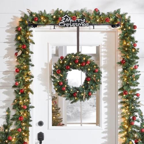Christmas Garland Hanger for Front Door Adjustable 34-48 Inch, Over The Door No Drill Garland Holder with Heavy Duty 22lb Capacity, Includes Merry Christmas Sign for Outdoor Holiday Decor