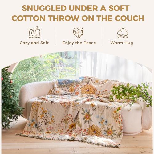 Boho Throw Blanket for Couch Sofa Chair Cotton Breathable Blankets for Bedroom Living Room All Season Soft Lightweight Reversible Floral Embroidery Throws Home Decor 50x 60