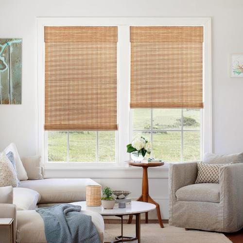 LazBlinds No Tools No Drill Cordless Bamboo Roman Shades, Light Filtering Window Treatment, Roll Up Bamboo Blinds for Windows 35'' W x 64'' H, Ceylon Light Russet