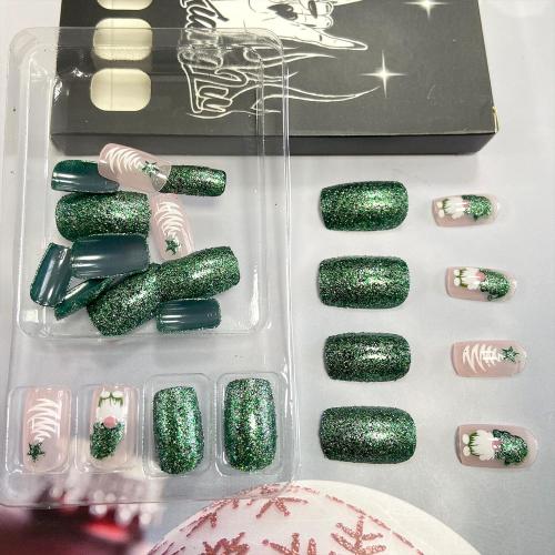 Christmas Press On Green Glitter Gnome Glue On Medium Square False Nails - Winter Xmas Acrylic Nails for Women & Girls