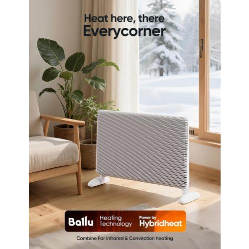 Ballu Mica Infrared Space Heater Indoor Use,Large Room Panel Heater with Programmable Thermostat,WiFi App Control,Portable Stand or Wall Mount,Energy Efficient Smart Quiet Heater,Work with Alexa,White