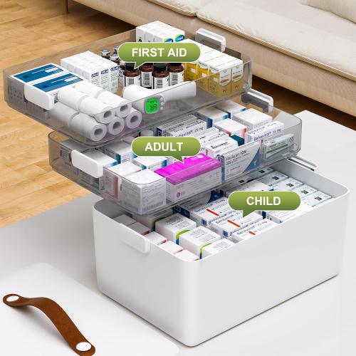 Size 3 tier JOYBOS 3-Tier Medicine Storage Box Cabinet, Empty First Aid Kit Portable Medical Supply Organizer with Leather Handle for Home