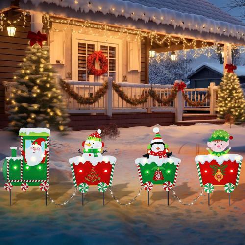 WONDER GARDEN Christmas Metal Yard Stakes, Lighted 3 Pack Christmas Garden Stakes Yard Signs, Outdoor Decorations Train with Santa, Snowman, Penguin, Boy for Lawn Party Outside