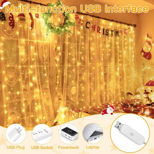 Ollny Curtain Lights 6.6x6.6ft, 200 LED String Lights with Remote 8 Modes Dimmable Timer, USB Power Fairy Light for Bedroom Backdrop Indoor Wall Window Christmas Decorations, Warm White