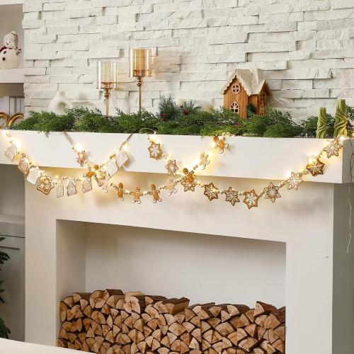 Youyole 3 Pcs Wooden Gingerbread Garland Banner LED Christmas Wooden Bead Gingerbread Man House Snowflake Decoration 5.9 ft Rustic Hanging Banner for Mantel Fireplace Holiday Room Wall Decoration